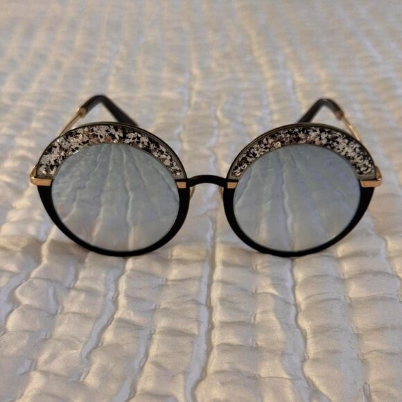 NWOT Jimmy Choo Gotha Round Reflective Glitter Sunglasses in Black, Silver, Blue
